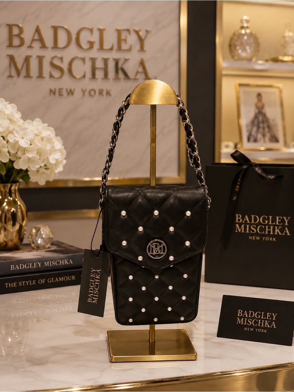Badgley Mischka Black Quilted Crossbody Phone Bag with Pearl Studs NWT